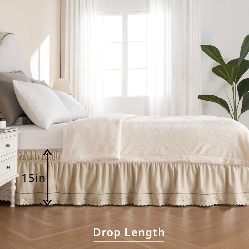 MIYE Wrap Around Ruffled Lace Bed Skirt, Elastic Dust Ruffle with Adjustable Belts, Easy to Put On, Bed Frame Cover, Machine Washable (Embroidered/Beige, King/Queen-15 Drop) - Image 4