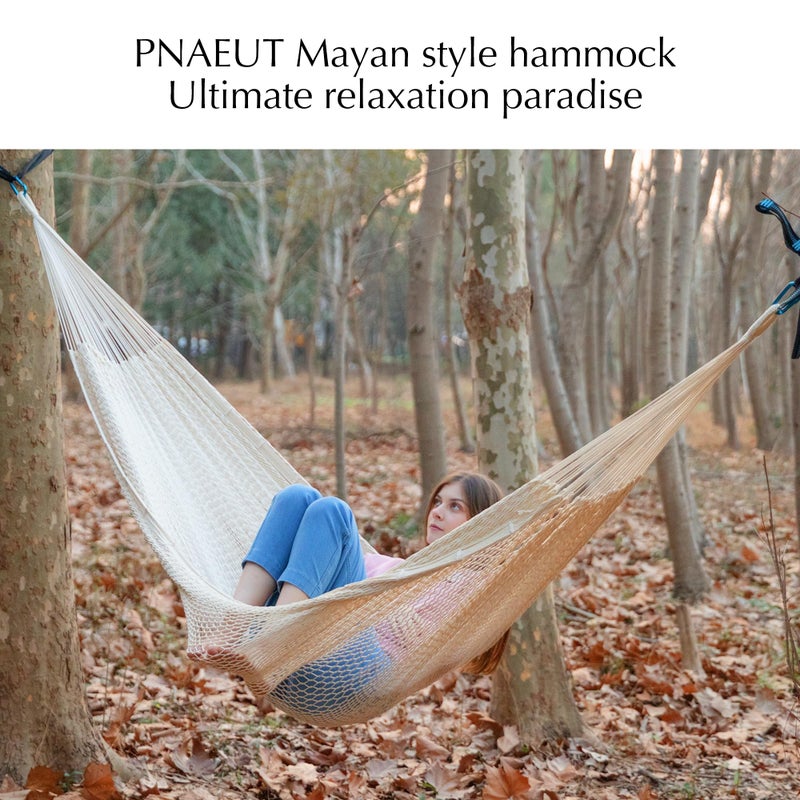 PNAEUT Handwoven Mayan Hammocks, Double Rope Hammock for Outdoor Outside & Indoor, Thick Soft 600 lbs Capacity Heavy-Duty, Includes Tree Straps, Carabiners & Carrying Bag (Nature, X-Large) - Image 3