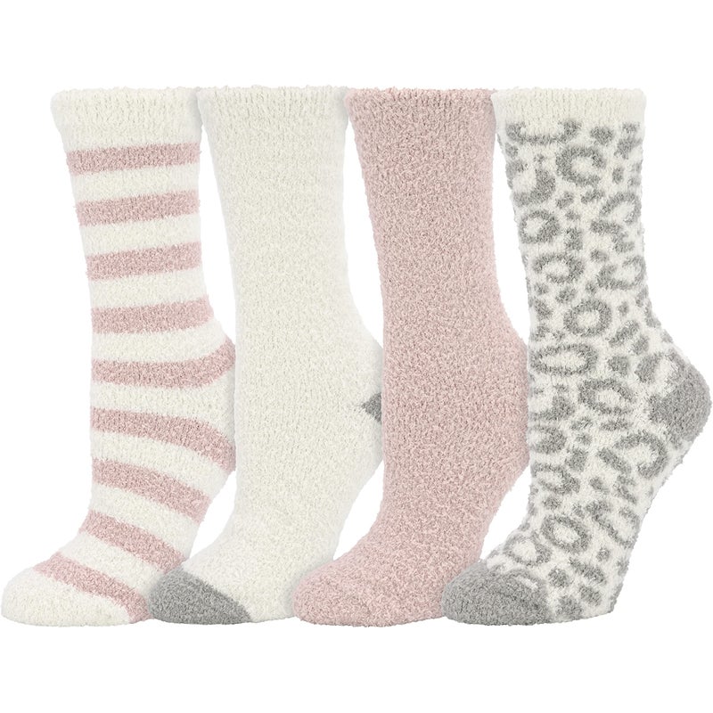 BEARPAW 4 Pair Pack Cozy Super Soft Lounge Socks Multi Pattern Crew Socks (BASICPINK) - Image 1
