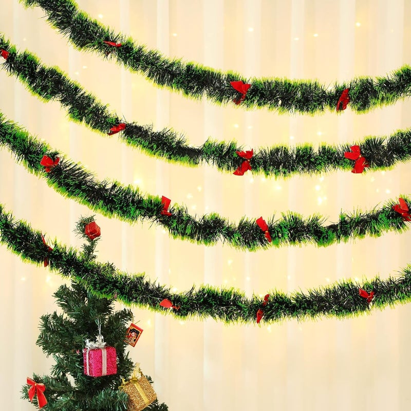 Evisha 3 Pcs Dual Shade Green Christmas Garland and 12 Red Tie Bow Xmas Christmas Tree Merry Christmas String Garlands Artificial Xmas Ornaments Wall Door Stairs Indoor Outdoor Decor - Image 2