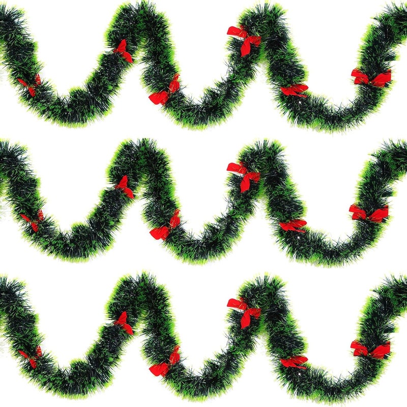 Evisha 3 Pcs Dual Shade Green Christmas Garland and 12 Red Tie Bow Xmas Christmas Tree Merry Christmas String Garlands Artificial Xmas Ornaments Wall Door Stairs Indoor Outdoor Decor - Image 1