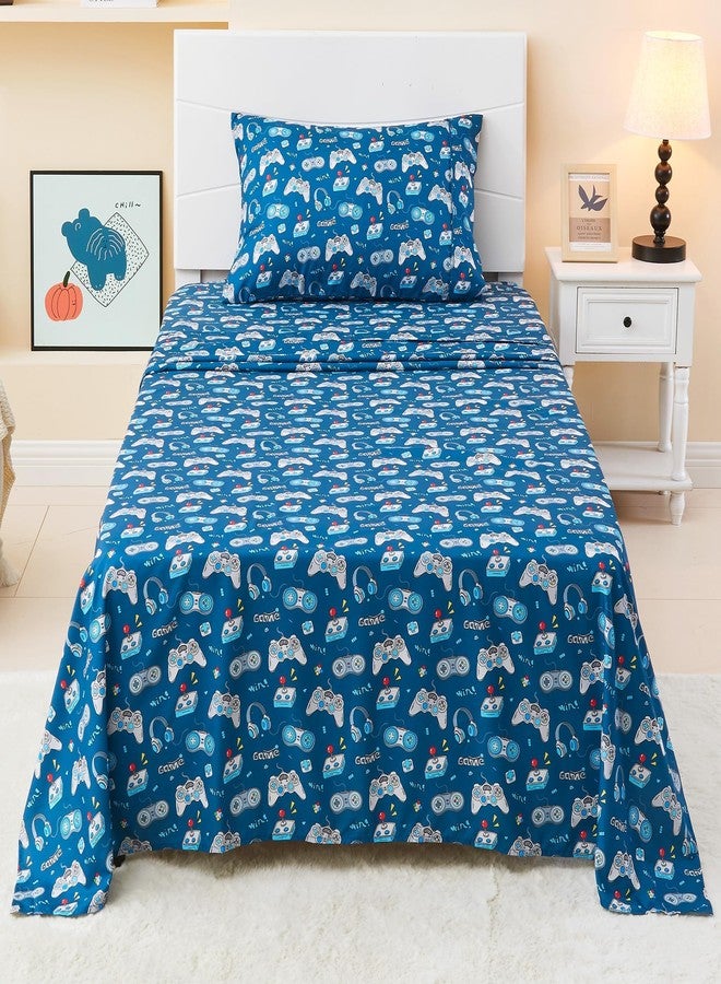 Softan Kids Bed Sheet Set, 3-Piece Twin Sheets Set, Microfiber Fitted Sheet with 15 Inches Deep Pocket and Corner Straps, Breathable & Silky Soft Game Controller Printed Sheet and Pillowcase Sets - Image 2