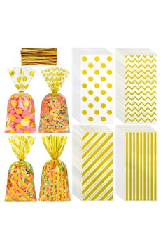 KASTWAVE Candy Bags, 100 Pcs Gold Cellophane Plastic Bags, Polka Dot Stripes Printed Pattern Goodie Gift Bags with Twist Ties for Birthday, Baby Showers, Weddings Party Supplies  - Image 1