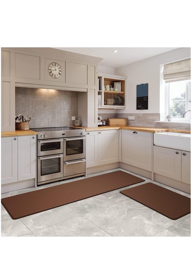 CUSHIONED ANTI-FATIGUE, 2 PIECE SET, BROWN KITCHEN MATS, NON SKID WATERPROOF COMFORT STANDING KITCHEN MATS 120CMX44CM AND 75CMX44CM
