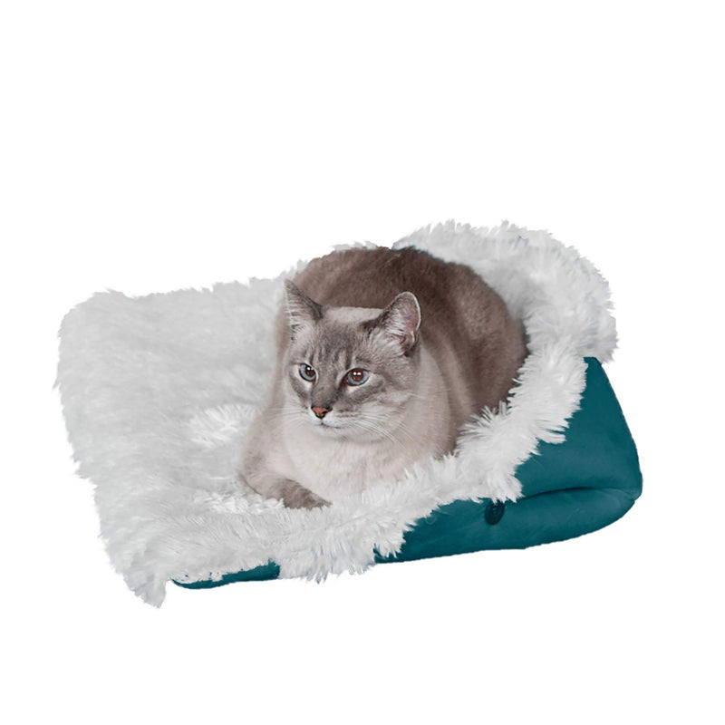 Furhaven Self-Warming Cat Bed for Indoor Cats, 4-Beds-in-1 & Washable - Plush Long Faux Fur Convertible Cuddler - Spruce, Small - Image 1