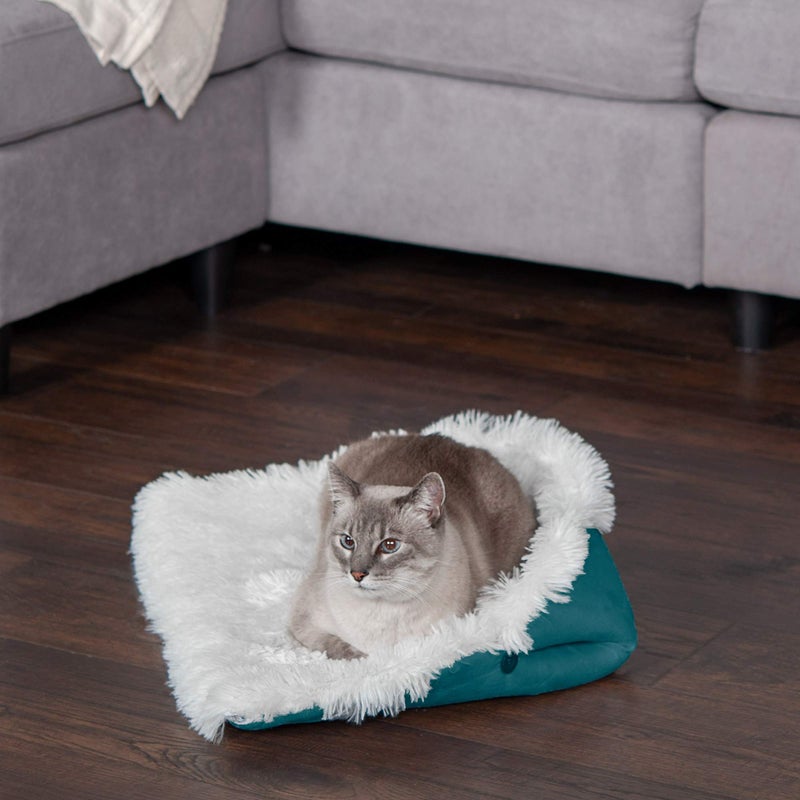 Furhaven Self-Warming Cat Bed for Indoor Cats, 4-Beds-in-1 & Washable - Plush Long Faux Fur Convertible Cuddler - Spruce, Small - Image 4