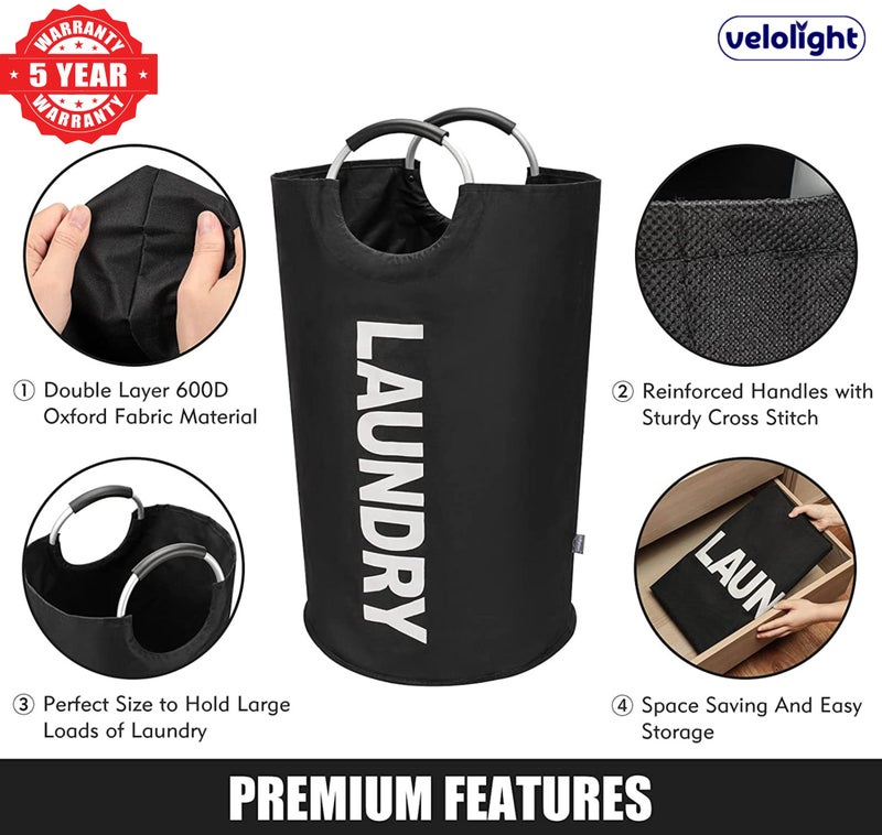 Velolight 82L Large Foldable Laundry Basket with Handles, Waterproof Hamper for Dirty Clothes (72cm x 38cm) - Black - Image 2