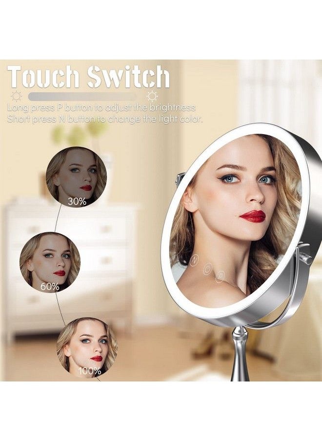 WIZCHARK 9" Large Lighted Makeup Mirror 1X/10X Magnifying Vanity Mirror With 3 Colors Dimmable Lightning 60 Led Lights 360°Rotation Double Sided Standing Desk Mirror  - Image 4