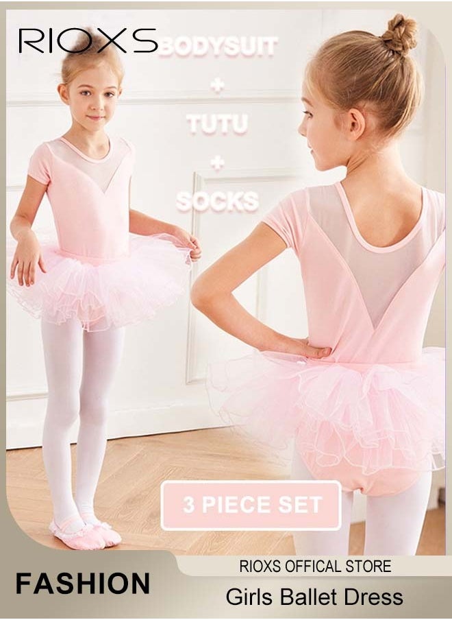 RIOXS - Girls Ballet Dress With Tights, Girl's Tutu Slim Dance Leotards Dress, Short Sleeve Dress With Ballet Dance Footed Tights, Professional Footed Ballet Tights for Toddler Kids Girls, Ballet Dance Tights Footed Ballet Legging Stockings For Students Practice - Image 1