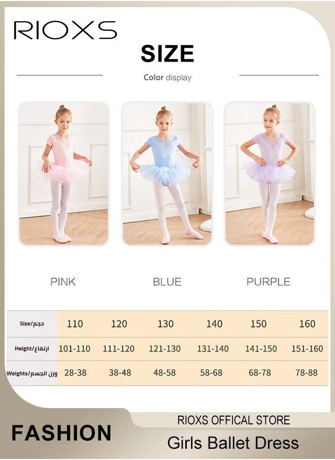 RIOXS - Girls Ballet Dress With Tights, Girl's Tutu Slim Dance Leotards Dress, Short Sleeve Dress With Ballet Dance Footed Tights, Professional Footed Ballet Tights for Toddler Kids Girls, Ballet Dance Tights Footed Ballet Legging Stockings For Students Practice - Image 1