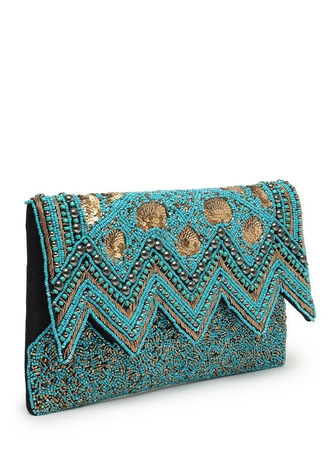 Anekaant Tribal Turquoise Blue & Copper Chevron Embellished Cotton Canvas Sling Bag - Image 4