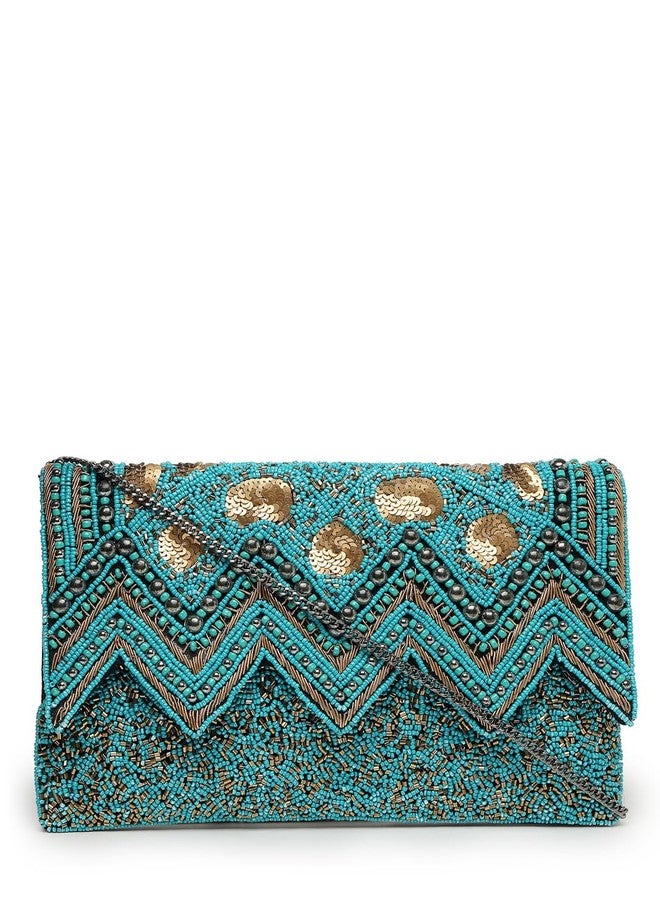 Anekaant Tribal Turquoise Blue & Copper Chevron Embellished Cotton Canvas Sling Bag - Image 1