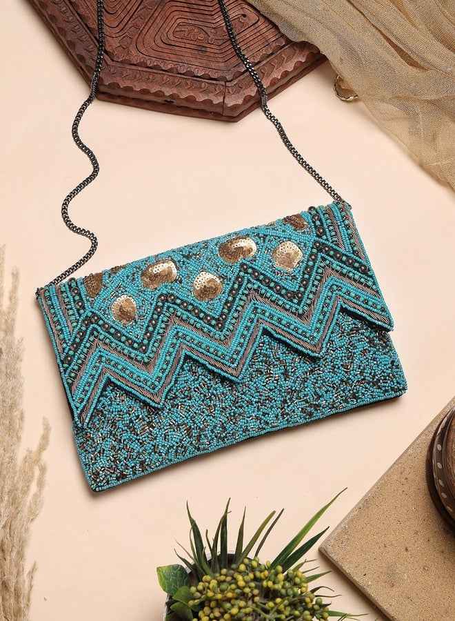 Anekaant Tribal Turquoise Blue & Copper Chevron Embellished Cotton Canvas Sling Bag - Image 3