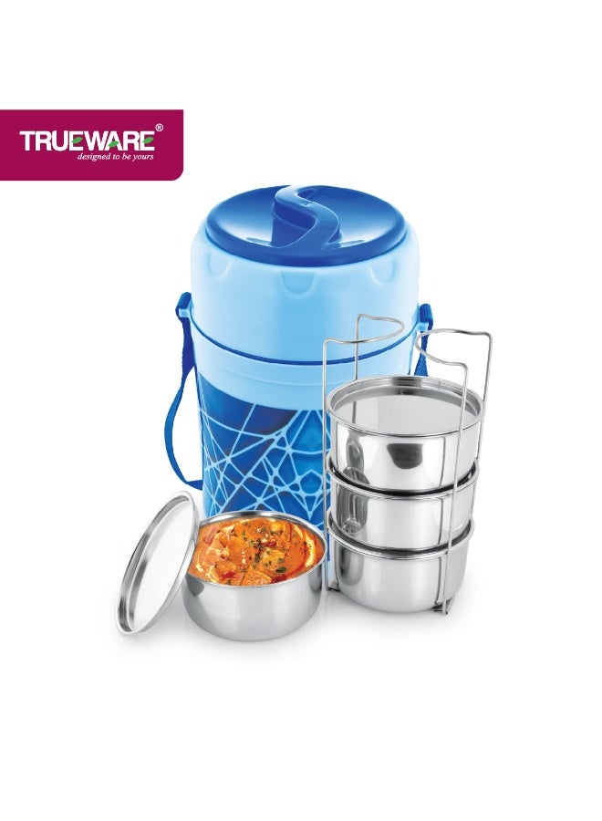 Trueware Trendy 4 Inner Steel Outer Plastic thermoware Lunch Box | 4 Container 300 ML Each-Blue | PU Insulated | Lunch Box | Tiffin | Hot Lunch Box - Image 1