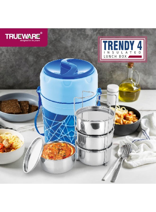 Trueware Trendy 4 Inner Steel Outer Plastic thermoware Lunch Box | 4 Container 300 ML Each-Blue | PU Insulated | Lunch Box | Tiffin | Hot Lunch Box - Image 2