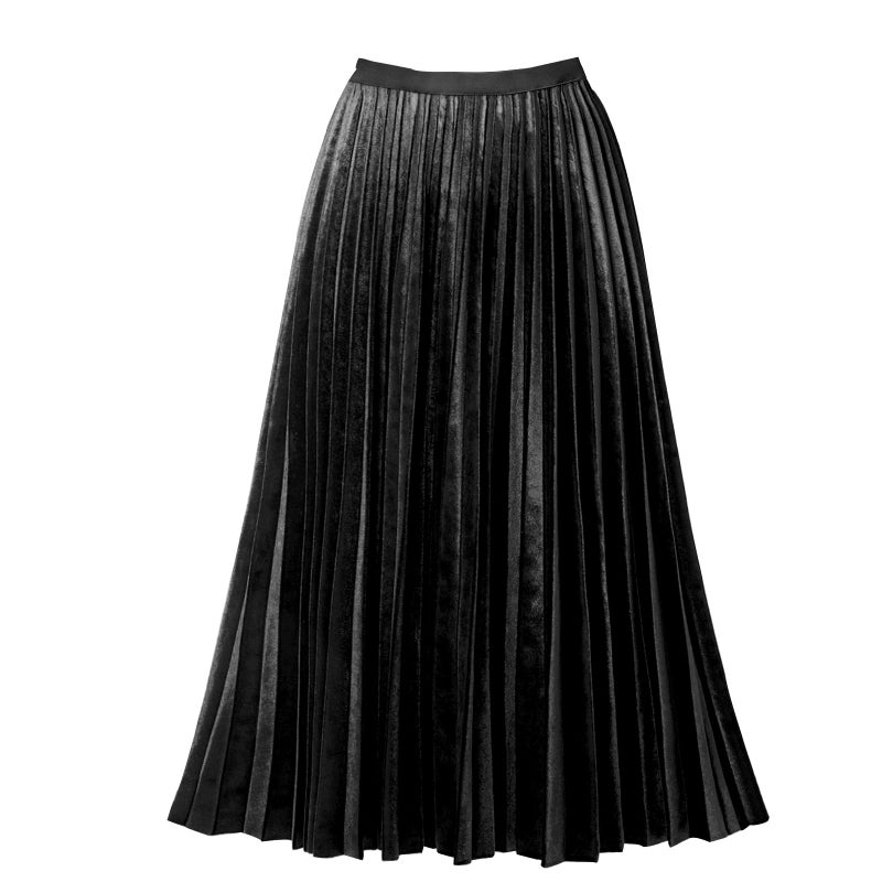 GOOBGS Women's Pleated A-Line High Waist Swing Flare Midi Skirt Velvet Black Large/X-Large - Image 1
