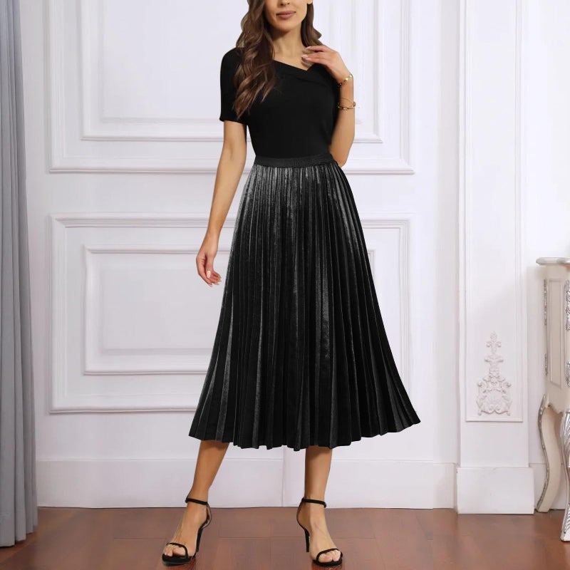 GOOBGS Women's Pleated A-Line High Waist Swing Flare Midi Skirt Velvet Black Large/X-Large - Image 2