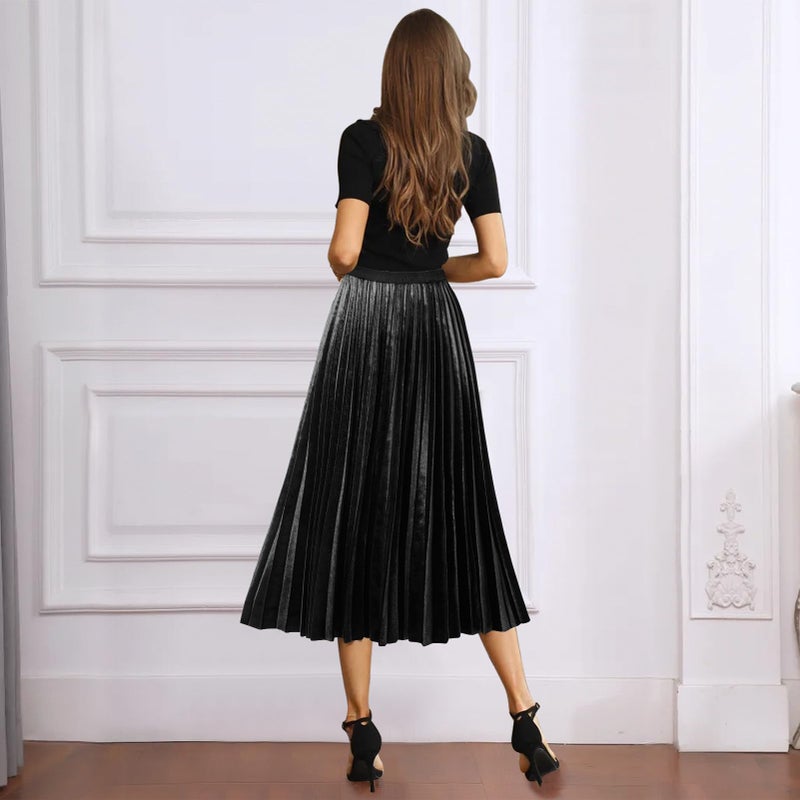 GOOBGS Women's Pleated A-Line High Waist Swing Flare Midi Skirt Velvet Black Large/X-Large - Image 3