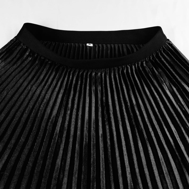 GOOBGS Women's Pleated A-Line High Waist Swing Flare Midi Skirt Velvet Black Large/X-Large - Image 5