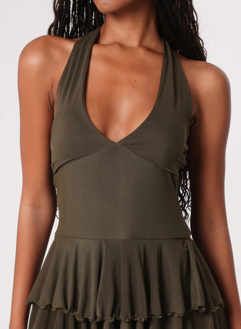 Pink Vanilla  Halter Mesh Ruffle Playsuit for Women | Best Price UAE