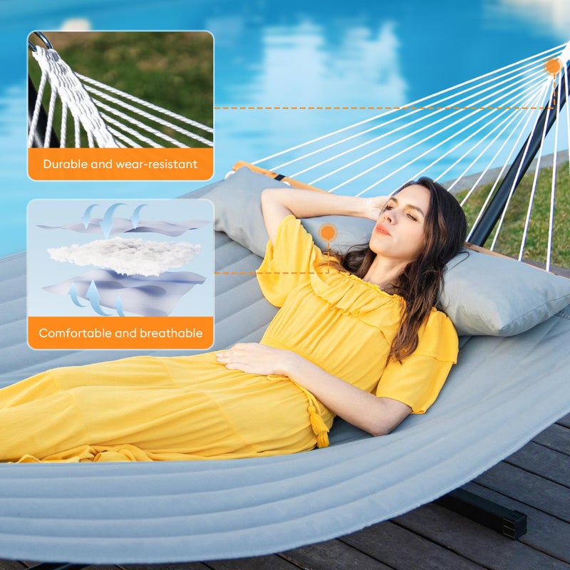 Everyfun Double Hammock with Spreader Bar,Soft Pillow,Max Load 500lbs,Portable Hammock for Outdoor,Camping,and Backyard,Dark Gray - Image 3