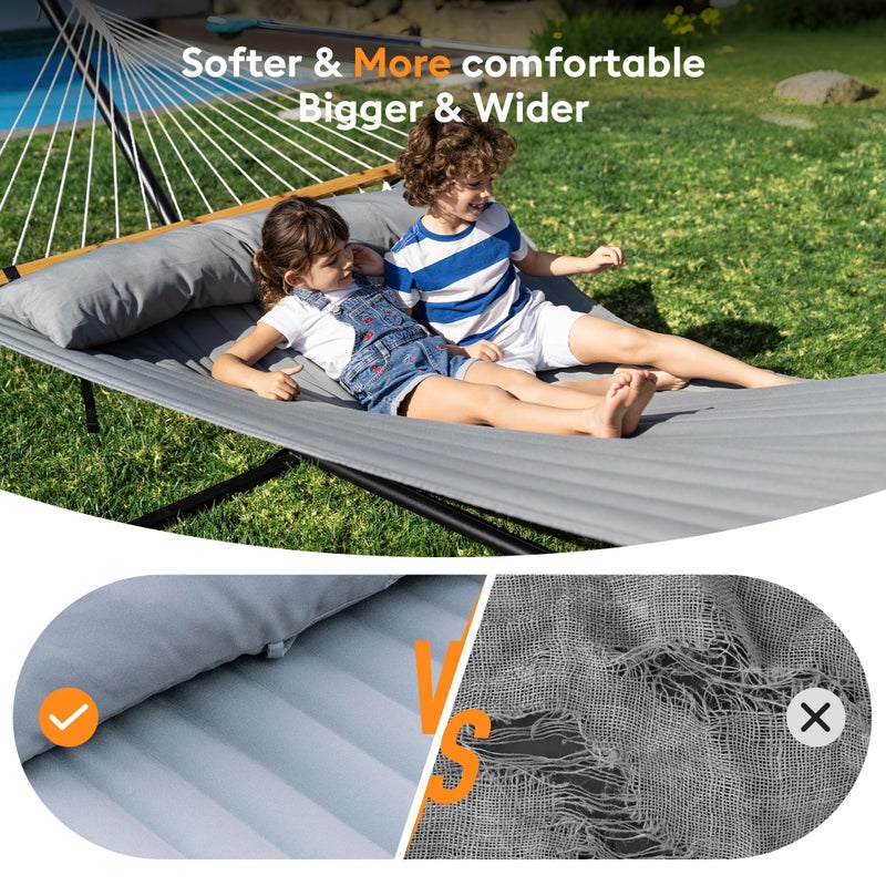 Everyfun Double Hammock with Spreader Bar,Soft Pillow,Max Load 500lbs,Portable Hammock for Outdoor,Camping,and Backyard,Dark Gray - Image 4