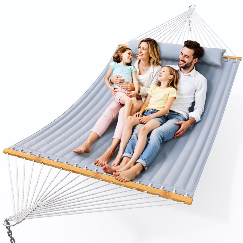 Everyfun Double Hammock with Spreader Bar,Soft Pillow,Max Load 500lbs,Portable Hammock for Outdoor,Camping,and Backyard,Dark Gray - Image 1