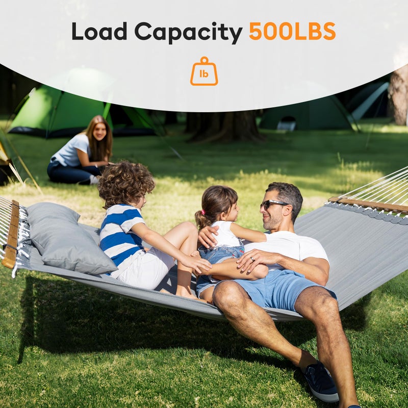 Everyfun Double Hammock with Spreader Bar,Soft Pillow,Max Load 500lbs,Portable Hammock for Outdoor,Camping,and Backyard,Dark Gray - Image 2