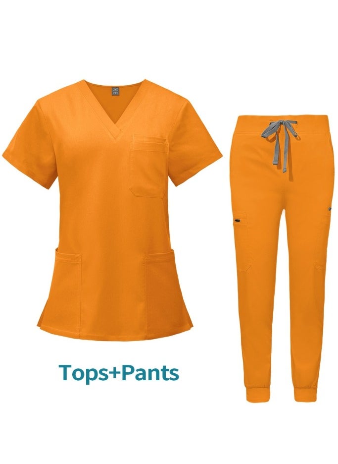 Loquat Medical Uniform Scrubs 2 Piece Set V-Neck Top and Jogger Pants Suit Mango Yellow  - Image 1