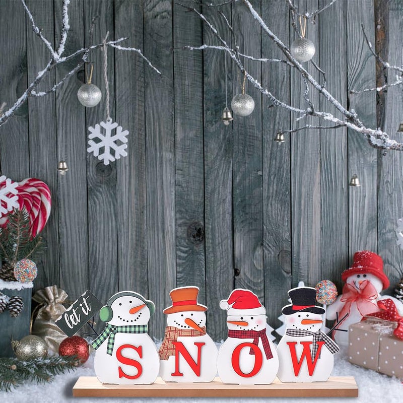 Idatoo Christmas Snowman Decorations Wooden Snowman Block Merry Christmas Sign Rustic Let It Snow Winter XMAS Decor Protective Holiday Concerce for Table Mantel Tier Tier (Let It Snow) - Image 5