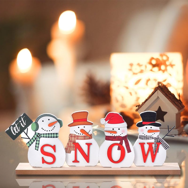 Idatoo Christmas Snowman Decorations Wooden Snowman Block Merry Christmas Sign Rustic Let It Snow Winter XMAS Decor Protective Holiday Concerce for Table Mantel Tier Tier (Let It Snow) - Image 2
