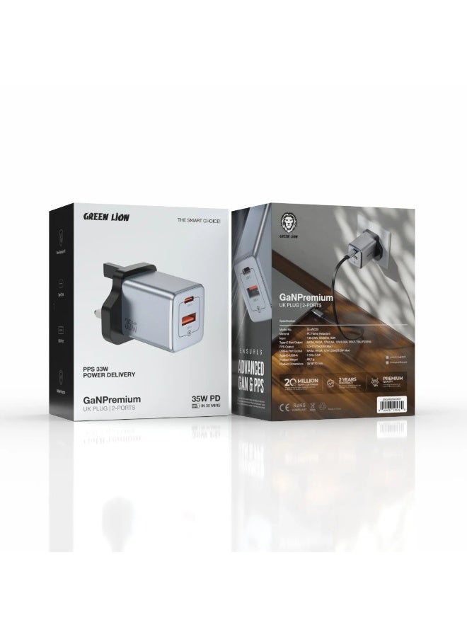 GREEN LION GaN Premium 35W Adapter UK Plug with 2 Ports & 70cm Built-in Type-C Retractable Cable / 50% in 30 Minutes / PPS 33W Power Delivery / Flame Retardant PC / Universal Compatibility / Exquisite Appearance - Grey - Image 3