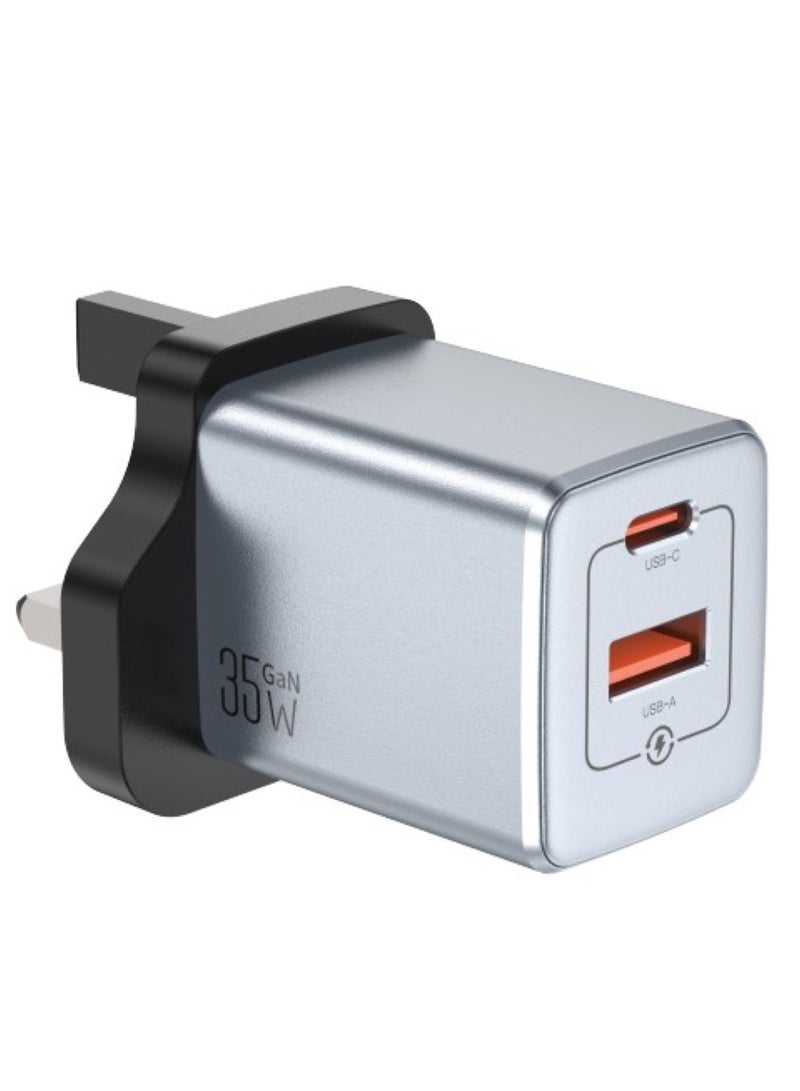 GREEN LION GaN Premium 35W Adapter UK Plug with 2 Ports & 70cm Built-in Type-C Retractable Cable / 50% in 30 Minutes / PPS 33W Power Delivery / Flame Retardant PC / Universal Compatibility / Exquisite Appearance - Grey - Image 1