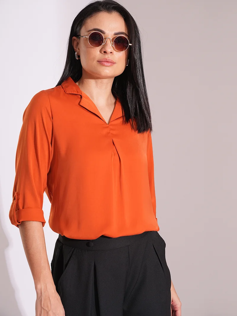 globus Women Collared Roll Up Sleeve Shirt Style Work Wear Top