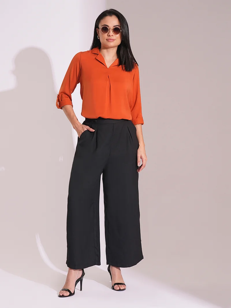 globus Women Collared Roll Up Sleeve Shirt Style Work Wear Top