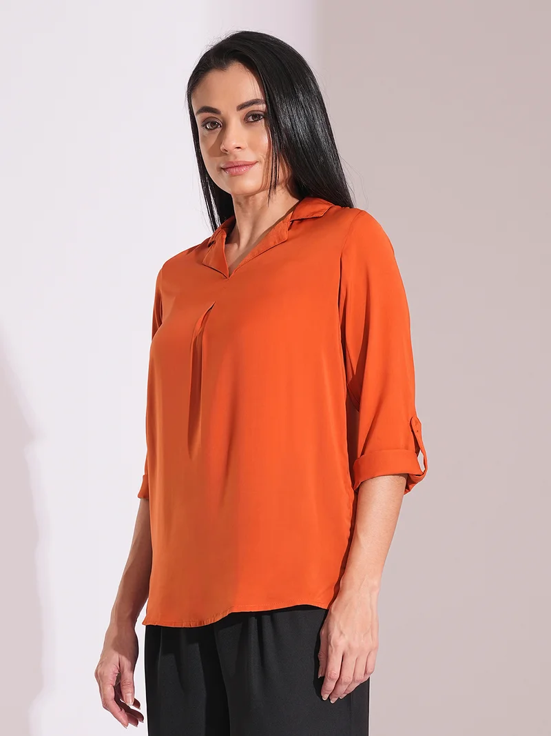 globus Women Collared Roll Up Sleeve Shirt Style Work Wear Top