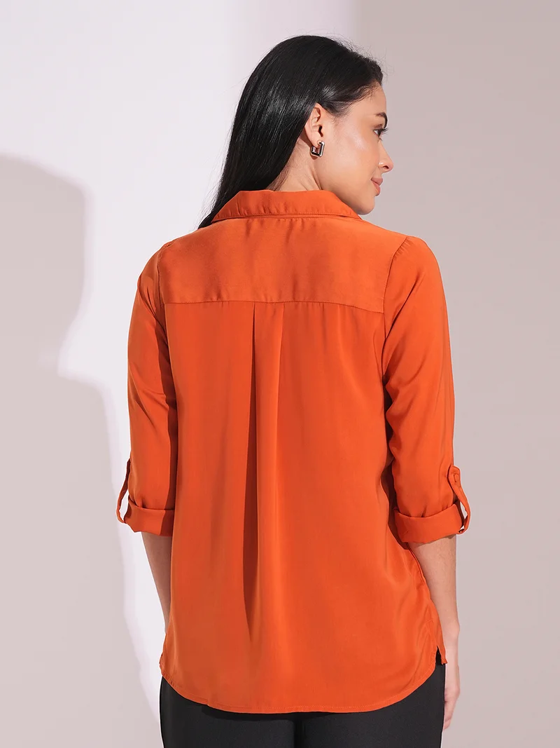 globus Women Collared Roll Up Sleeve Shirt Style Work Wear Top