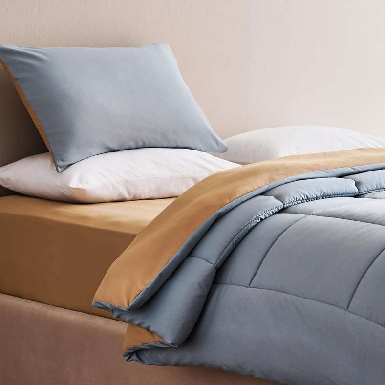 Pan Home طقم لحاف عكسي مكون من قطعتين 135x220 سم - أزرق معدني/ خردل - Image 1