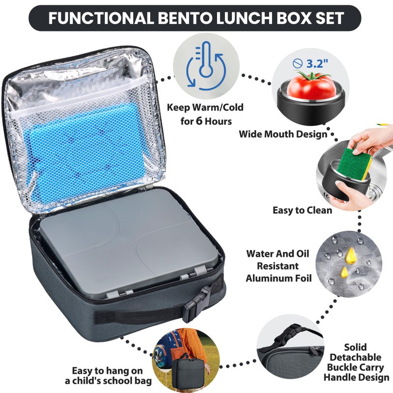 BABHAMNESS Bento Lunch Box with 8oz Soup Thermo,Kids Leakproof 4 Compartment Lunch Food Containers with Sauce Cup and Ice Pack,Kids Thermo Insulated Hot Food Jar and Lunch Bag for School,Trvael-Black - Image 3
