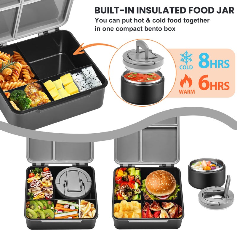 BABHAMNESS Bento Lunch Box with 8oz Soup Thermo,Kids Leakproof 4 Compartment Lunch Food Containers with Sauce Cup and Ice Pack,Kids Thermo Insulated Hot Food Jar and Lunch Bag for School,Trvael-Black - Image 2