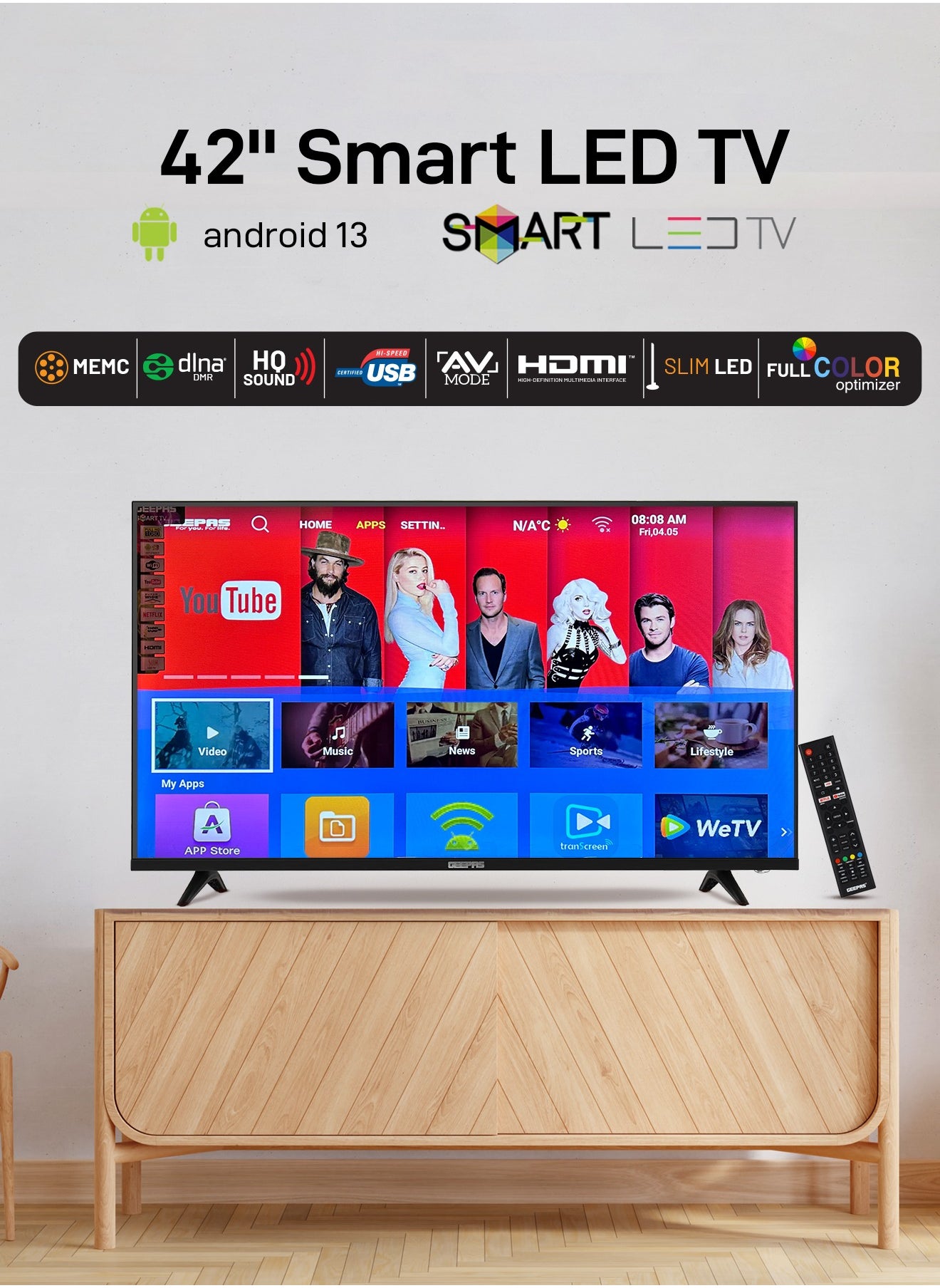 تلفزيون أندرويد ذكي LED مقاس 42 بوصة - بدون إطار، 1080 Full HD، أندرويد 13، ضبط درجة حرارة اللون، مسح تدريجي، 2 منفذ USB و2 منفذ HDMI، مقبس سماعة رأس، جهاز تحكم عن بعد، LED رفيع، ذاكرة وصول عشوائي 1 جيجابايت 