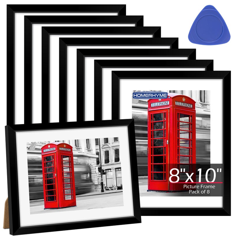 HOMERHYME إطارات صور هومرهايم مقاس 8×10، مجموعة من 8 إطارات صور سوداء للعرض على الطاولة أو الحائط، لعرض صور مقاس 5×7 مع إطار داخلي أو 8×10 بدون إطار، إطارات ملصقات مع زجاج شبكي عالي الجودة لتزيين جدران المنزل أو المكتب - Image 1