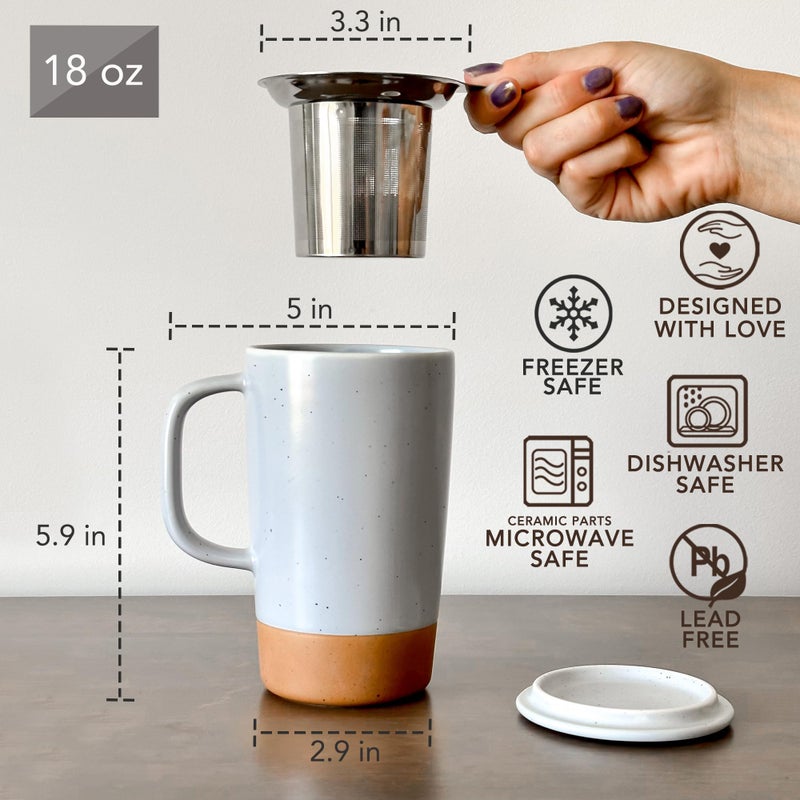 Mora Ceramics Large Tea Mug with Loose Leaf Infuser and Ceramic Lid, 18 oz, Portable, Microwave and Dishwasher Safe, Tall Coffee Cup - Rustic Matte Ceramic Glaze, Modern Herbal Tea Strainer, Sleet - Image 3