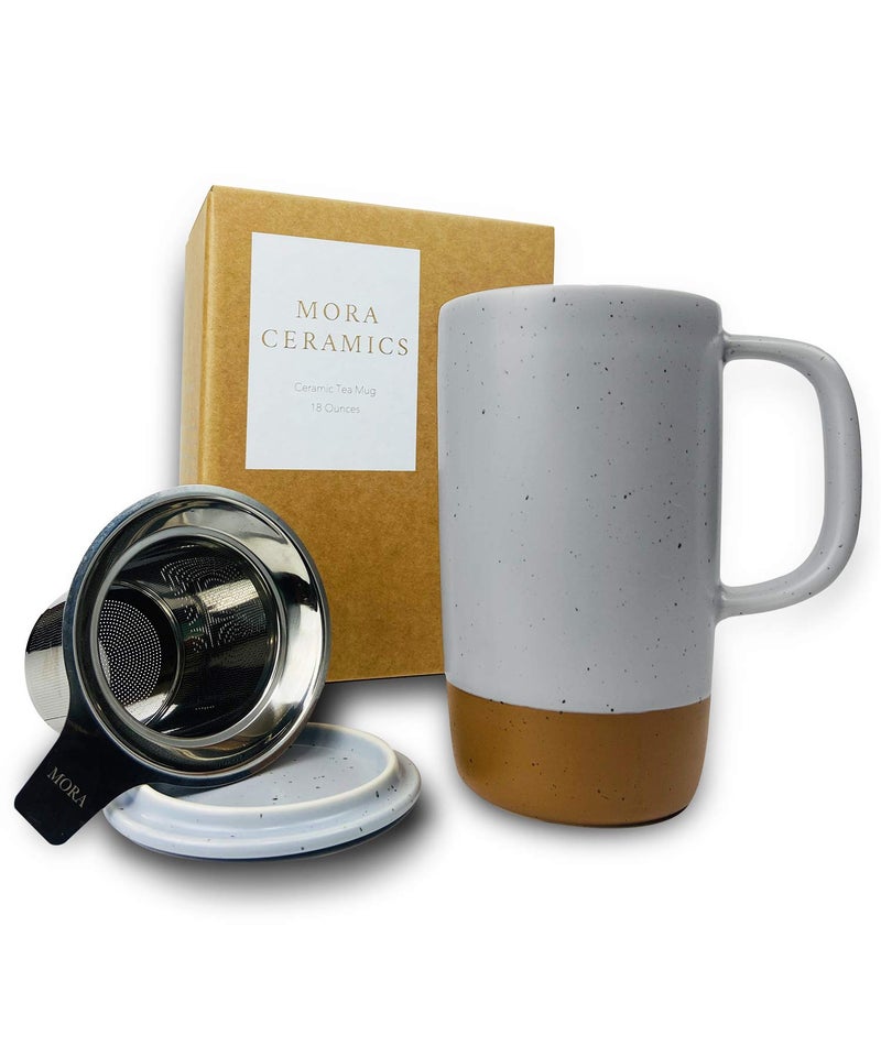 Mora Ceramics Large Tea Mug with Loose Leaf Infuser and Ceramic Lid, 18 oz, Portable, Microwave and Dishwasher Safe, Tall Coffee Cup - Rustic Matte Ceramic Glaze, Modern Herbal Tea Strainer, Sleet - Image 1