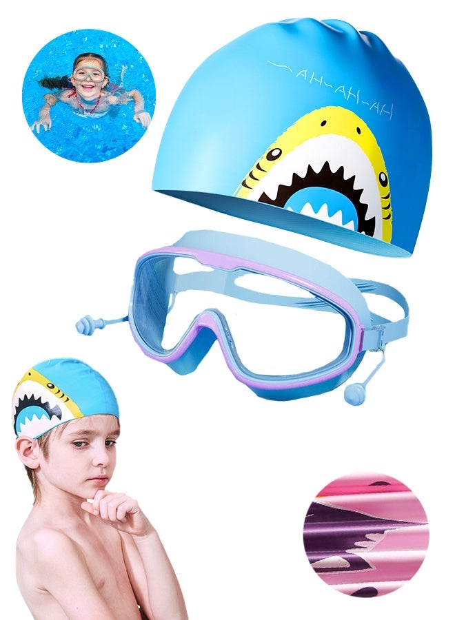 Lemon Kids Swim Goggles with Swim Cap, Waterproof Swim Cap Anti-Fog Clear Wide View Swimming Goggles with Ear Plugs for Kids 6-14(Blue)  - Image 1