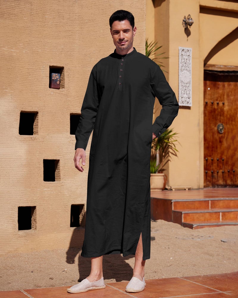 YAOHUOLE ثوب إسلامي للرجال YAOHUOLE بأزرار، كفتان للرجال، ملابس منزلية، أسود M - Image 3