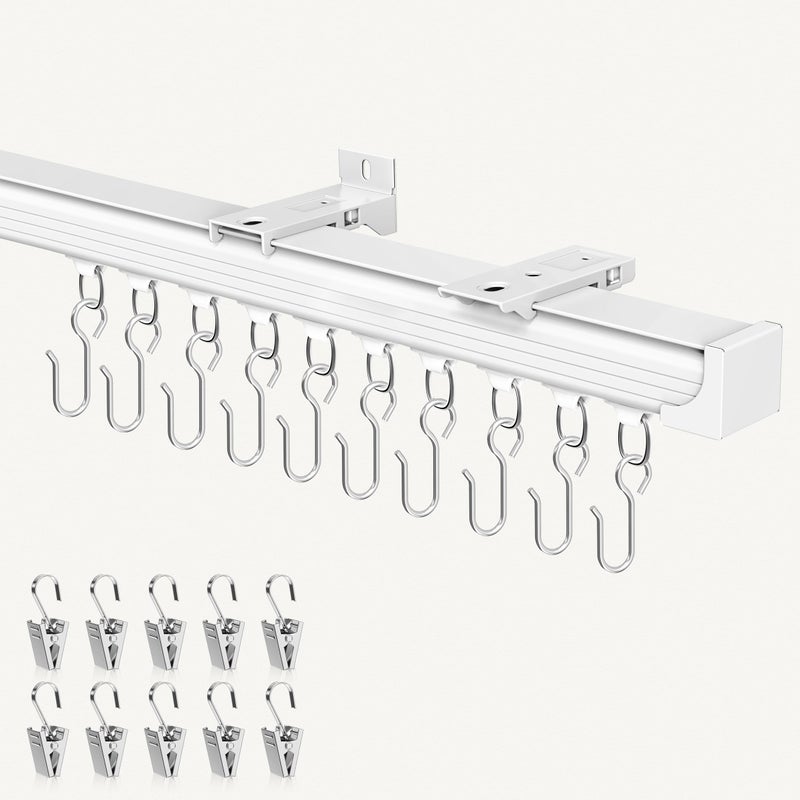 Hei! dear Curtain Track 12-15ft White - Adjustable Ceiling/Wall Mount, Heavy Duty Curtain Rail System with 50 Rollers, 50 Hooks & 50 Clips, Room Divider for Grommet/Pleated Curtains - Image 1