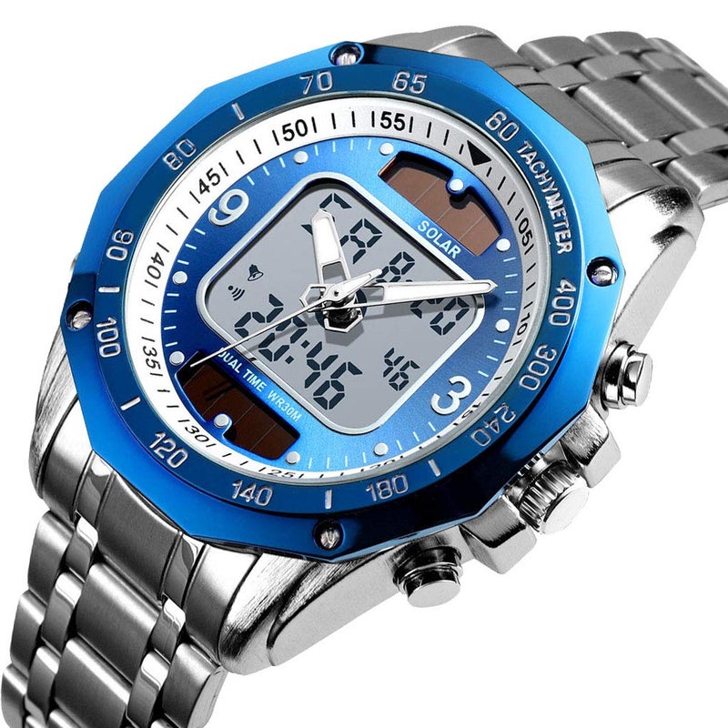 VIGOROSO Men's Solar Powered Quartz Stainless Steel Analog Digital Sport Wrist Watch - Image 2