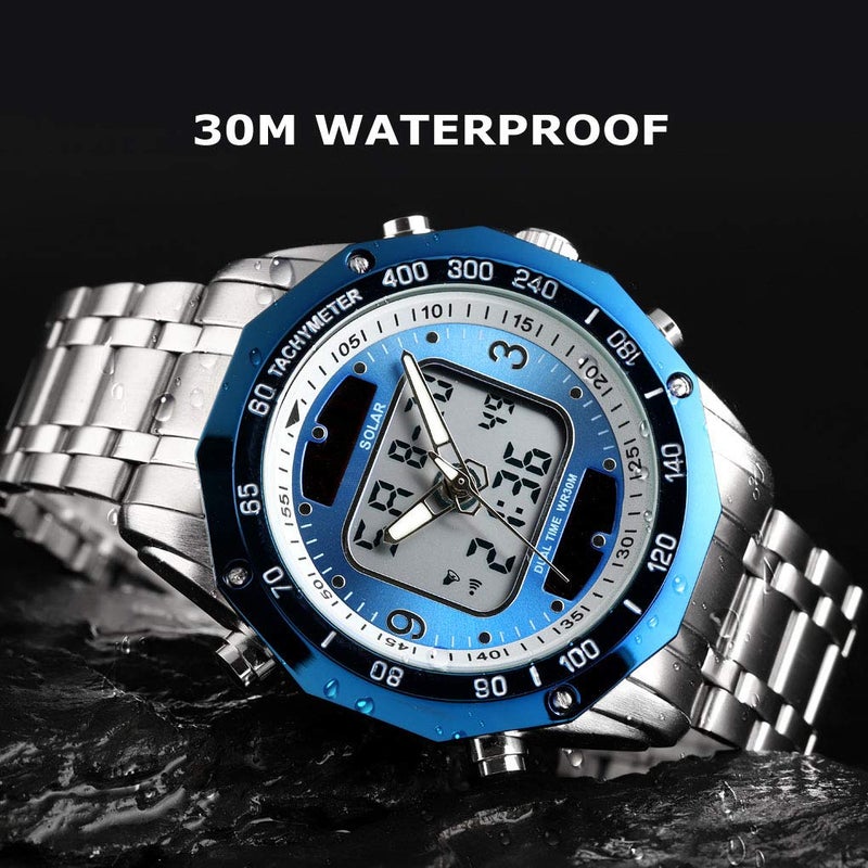 VIGOROSO Men's Solar Powered Quartz Stainless Steel Analog Digital Sport Wrist Watch - Image 3