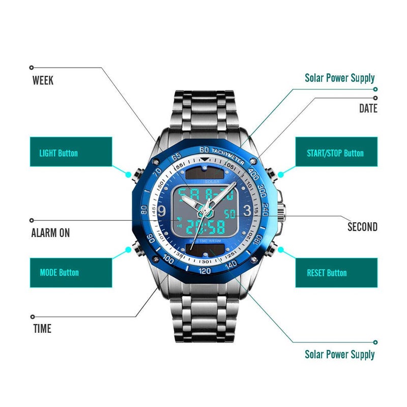 VIGOROSO Men's Solar Powered Quartz Stainless Steel Analog Digital Sport Wrist Watch - Image 5